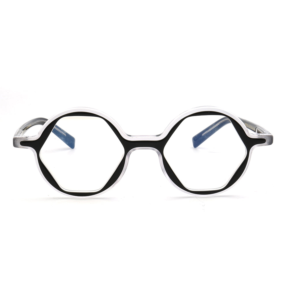 Front view of black hexagon shaped eyeglass frames