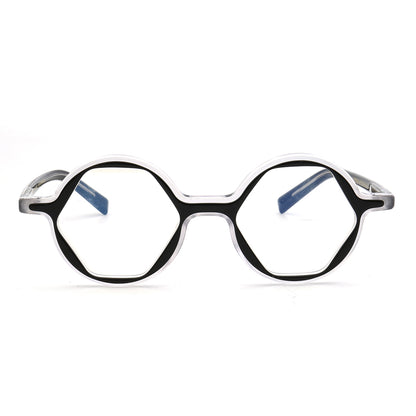 Front view of black hexagon shaped eyeglass frames
