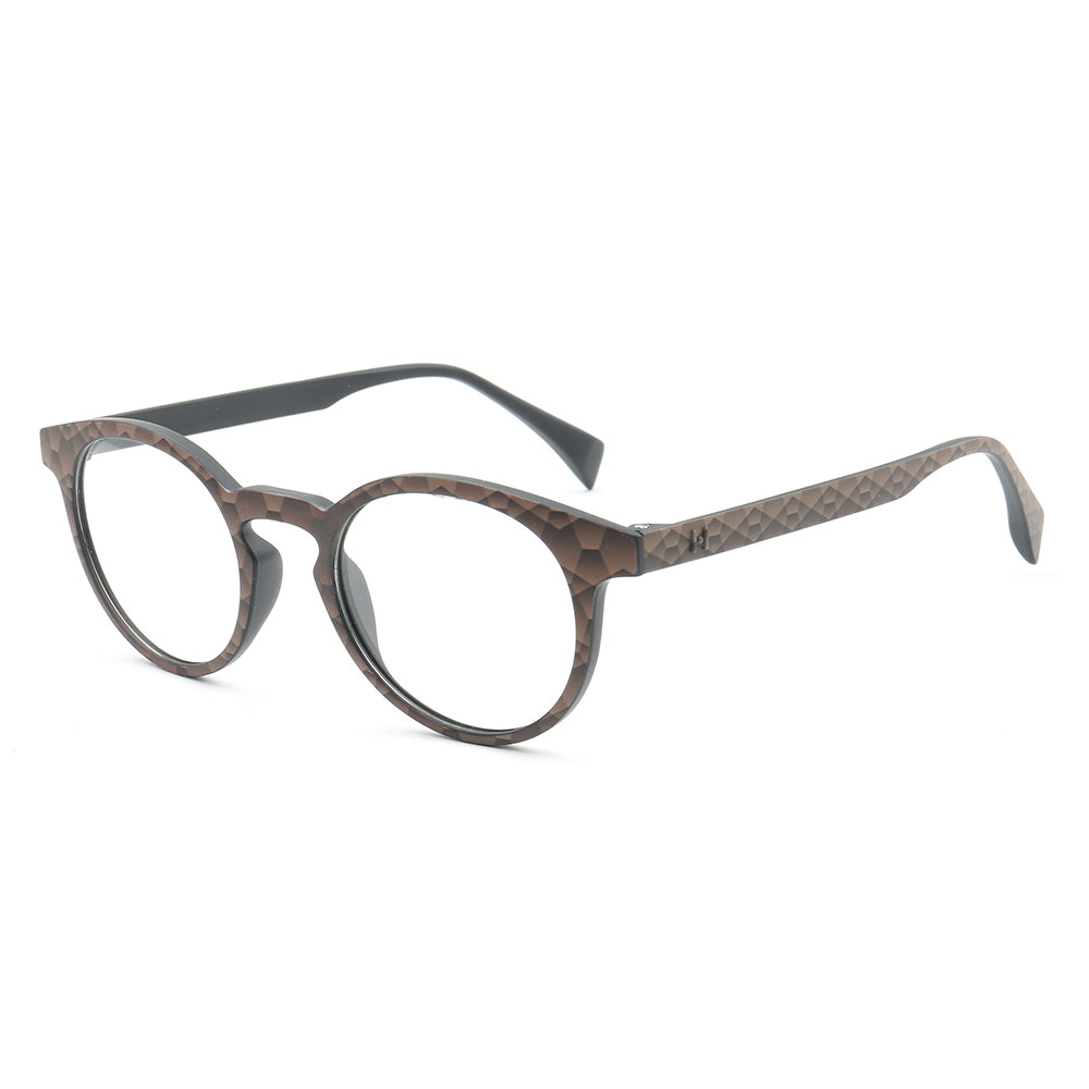 Side view of brown round full rim eyeglasses