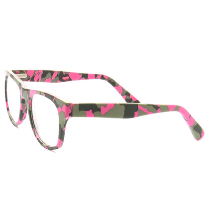 A pair of pink camo full rim eyeglass frames