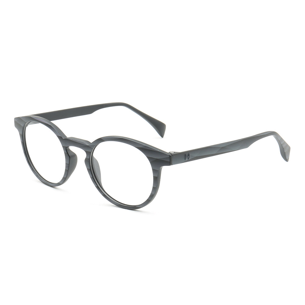 Side view of black full rim round eyeglasses