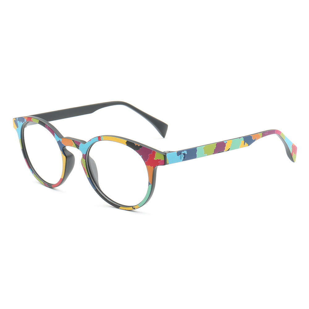 Side view of round rainbow eyeglasses