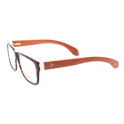 A pair of wooden eyeglasses with tortoise shell pattern