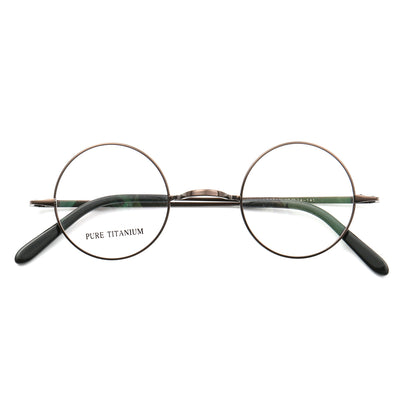 Front view of brown retro round titanium glasses