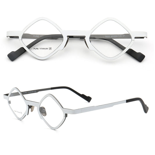 Front and side view of white diamond shaped eyeglasses