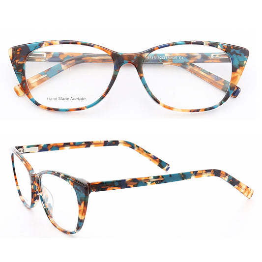 Front and side view of blue tortoise cat eye glasses