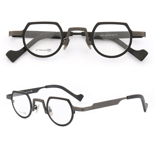 Front and side view of black round titanium glasses