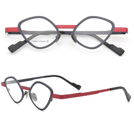 A pair of black and red cat eye titanium eyeglass frames