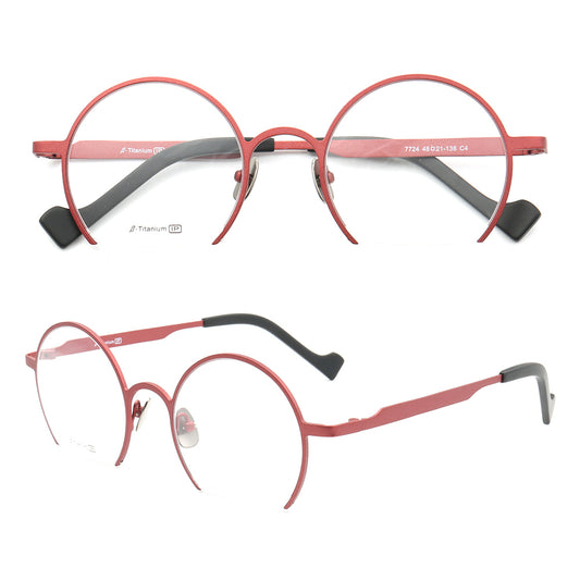 Front and side view of red semi rimless eyeglasses