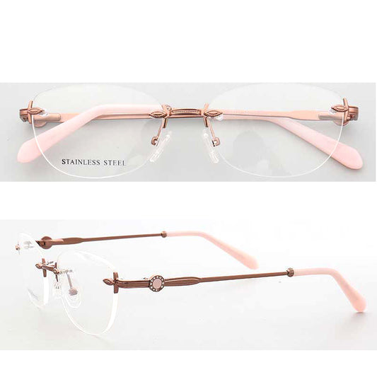 Womens pink oval rimless metal eyeglasses
