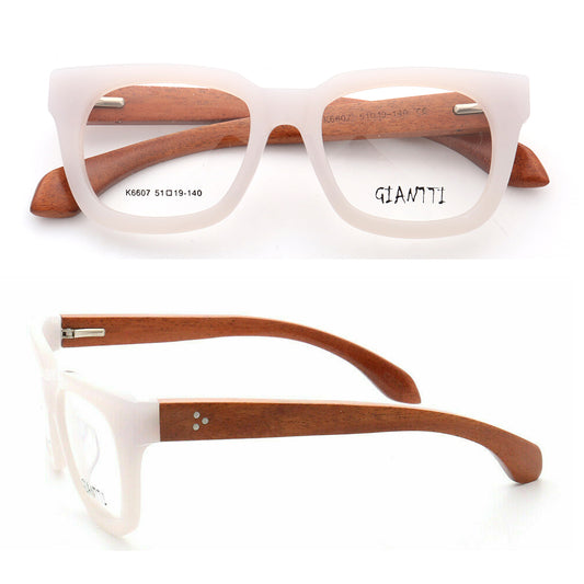 Front and side view of white wooden eyeglasses