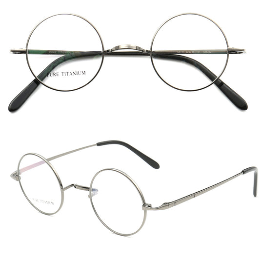 Front and side view of retro round titanium eyeglasses