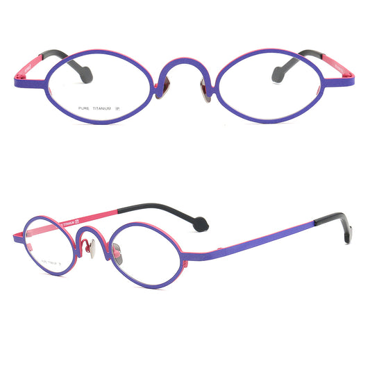 Front and side view of purple oval titanium eyeglasses