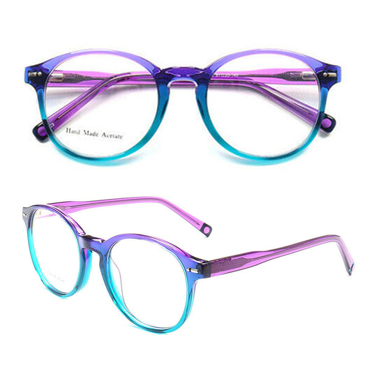 Front and side view of blue and purple round eyeglasses
