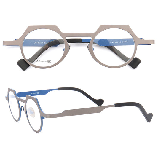 Front and side view of blue and grey titanium glasses
