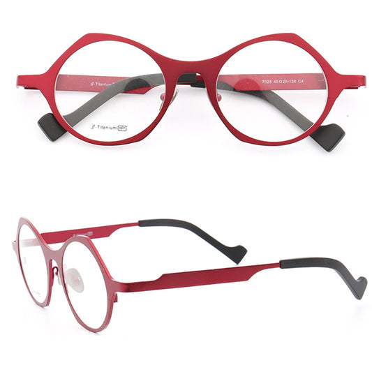 Front and side view of red round titanium eyeglass frames