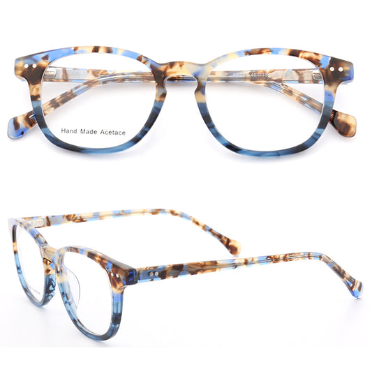 Front and side view of blue tortoise acetate glasses