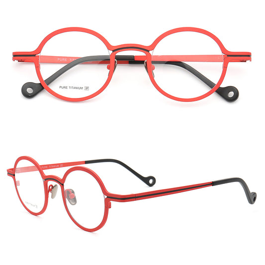Front and side view of red round titanium eyeglasses