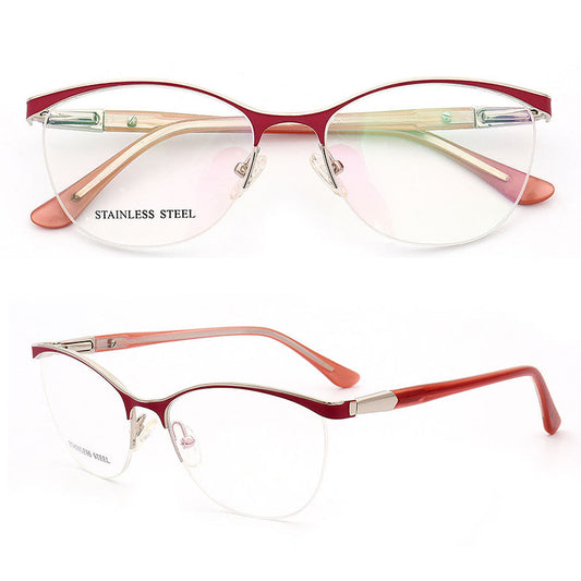 Regina | Half Rim Stainless Steel Eyeglasses For Women | Modern Frame w/ Patterned Temple