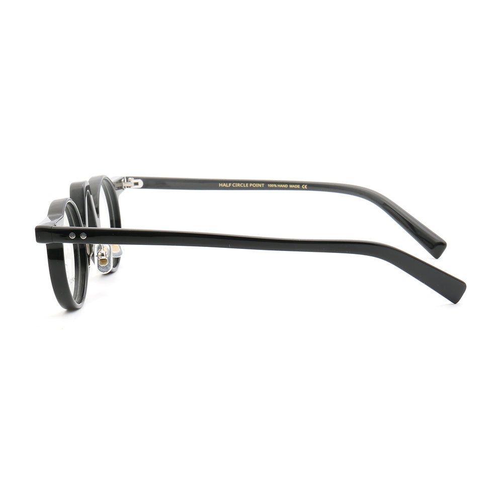 Side view of black round retro acetate eyeglasses