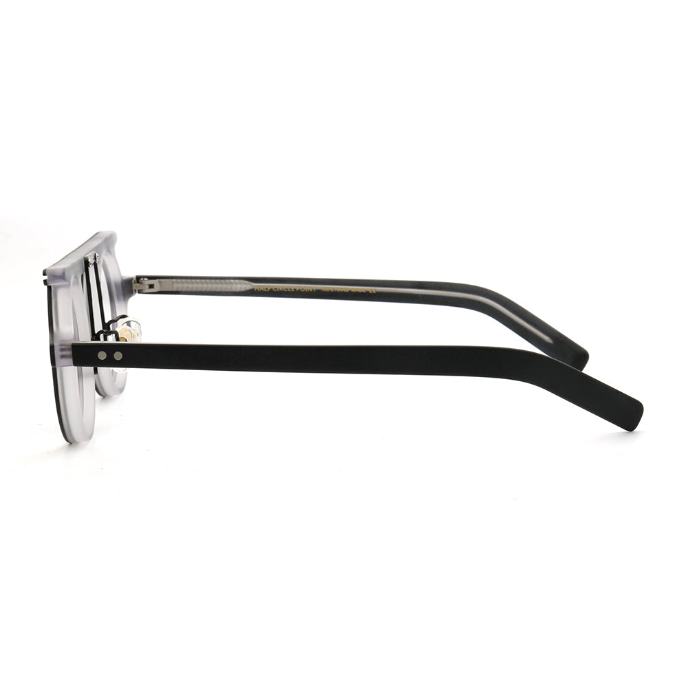 Side view of black flat top acetate eyeglass frames