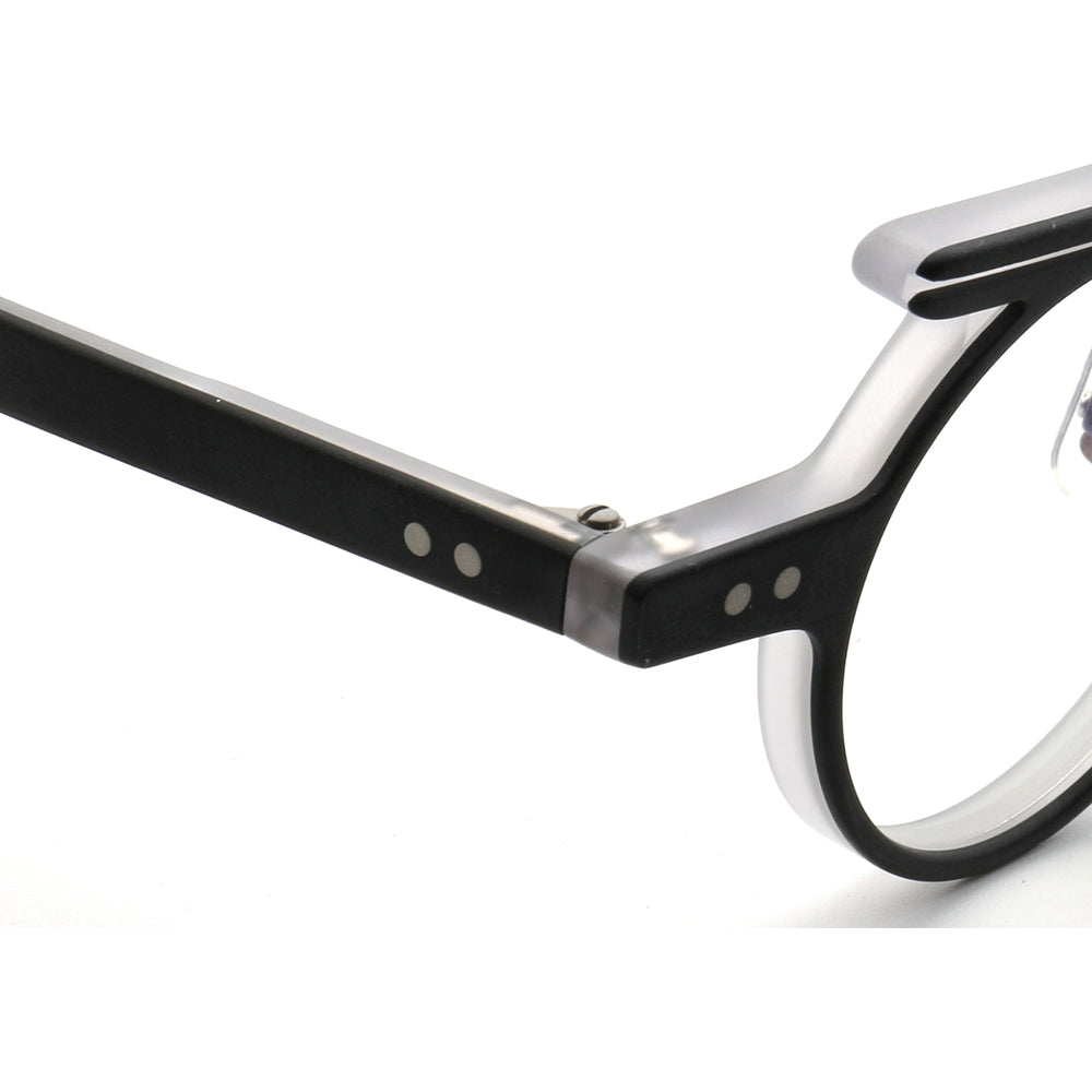 Temple of black and clear acetate eyeglass frames