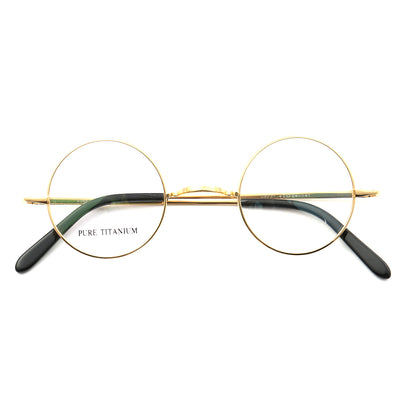 Front view of gold retro round titanium glasses