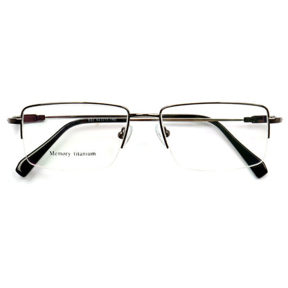 A pair of grey rectangular semi rimless eyeglass frames