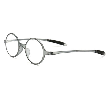 Side view of grey round reading glasses