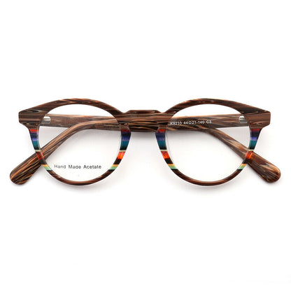 Front view of colorful striped acetate eyeglasses
