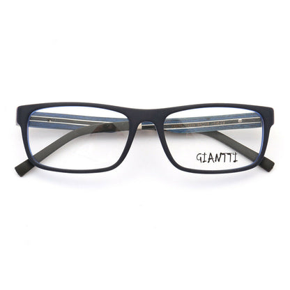 Front view of blue wooden eyeglasses
