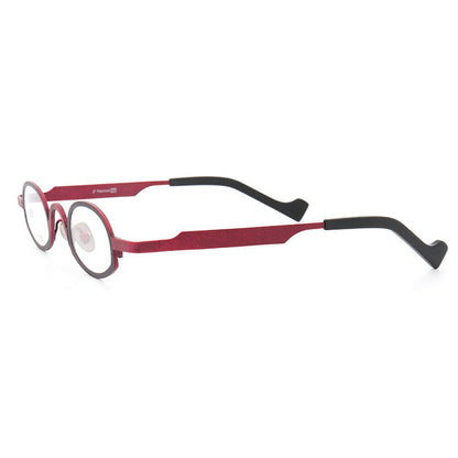 Side view of red and black oval eyeglasses