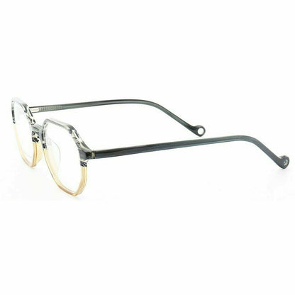 Side view of grey and yellow polygon shaped eyeglasses