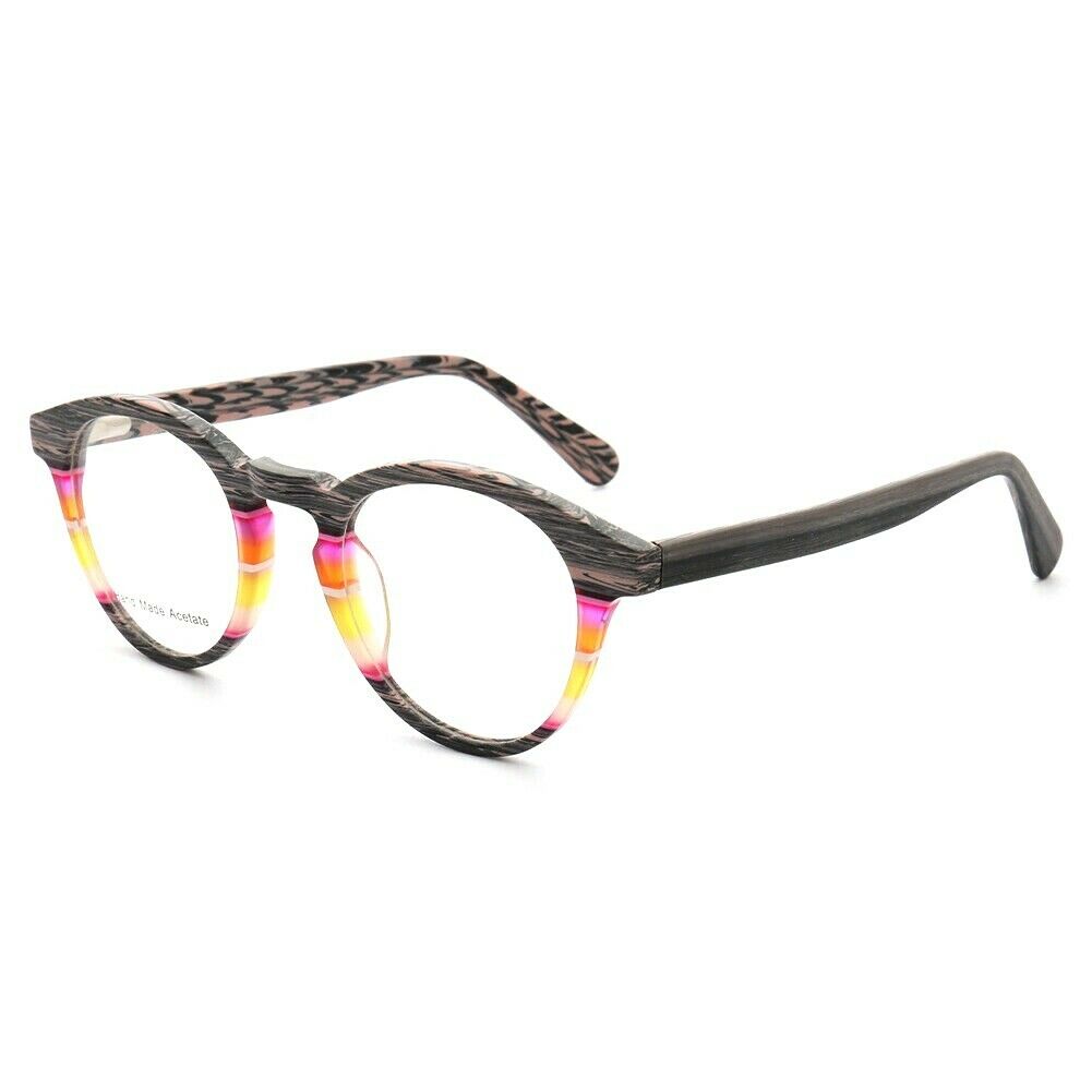 A pair of wood grain striped eyeglasses