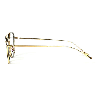Side view of thin black and gold titanium eyeglasses