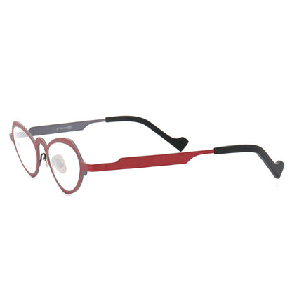 Side view of red butterfly shaped titanium eyeglasses