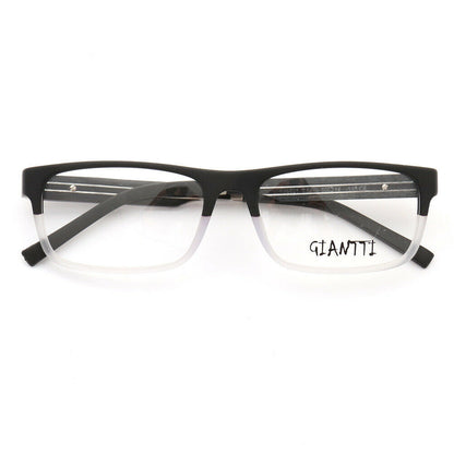 front view of black and clear wooden eyeglasses