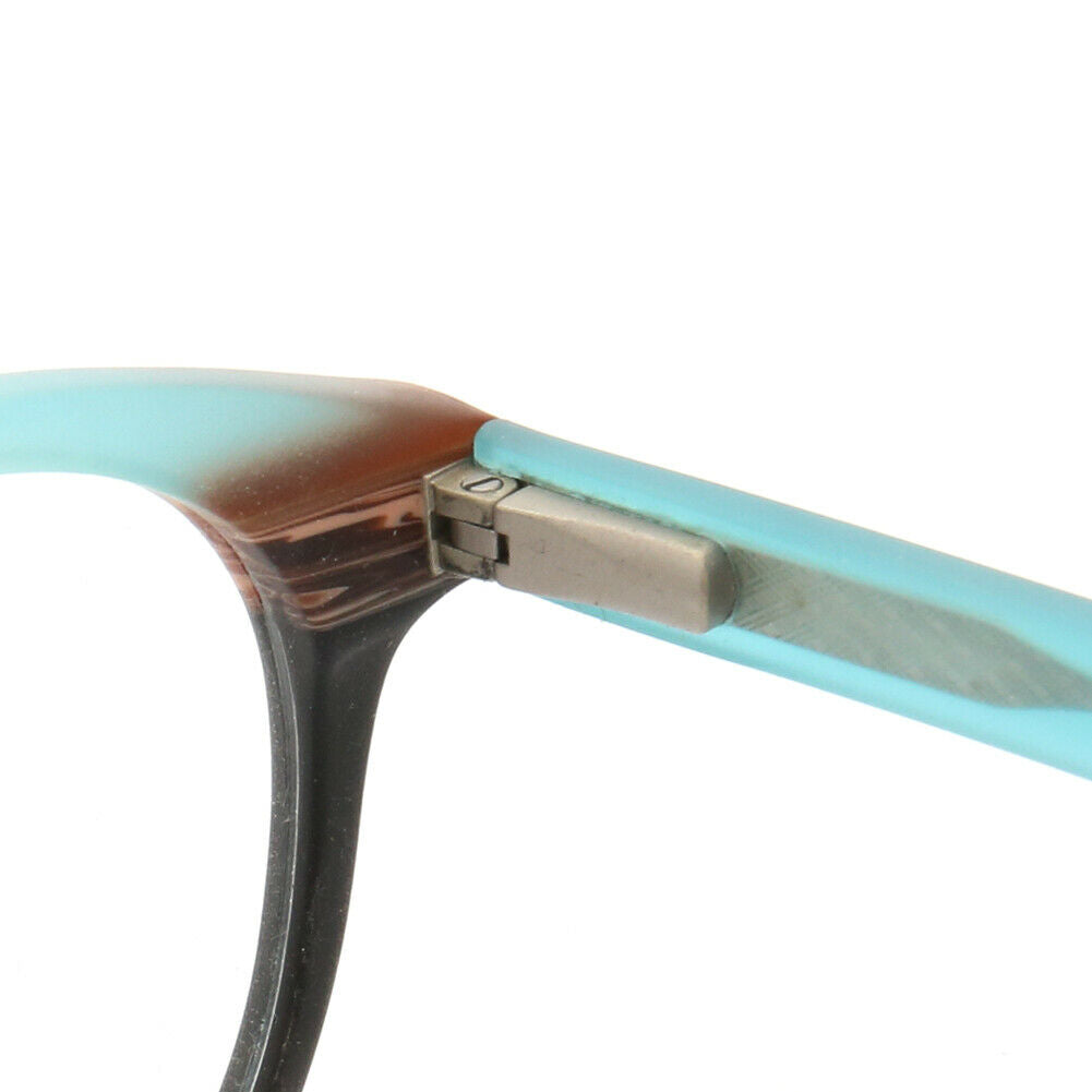 Hinge of blue and brown acetate eyeglasses