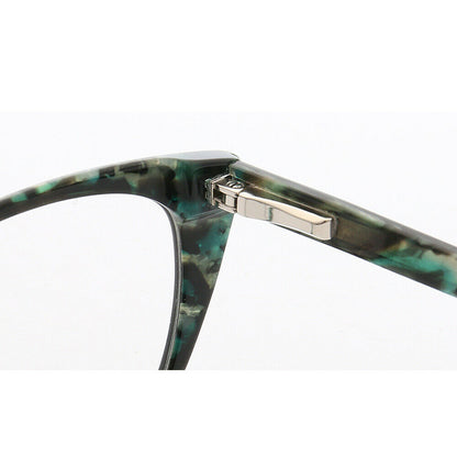 Hinge of aqua colored cat eye glasses