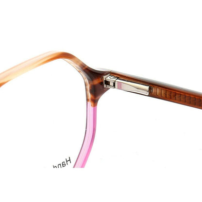 Hinge of brown and pink polygon shaped eyeglasses