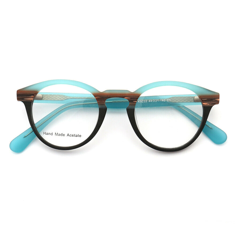 Front view of blue and brown acetate eyeglasses
