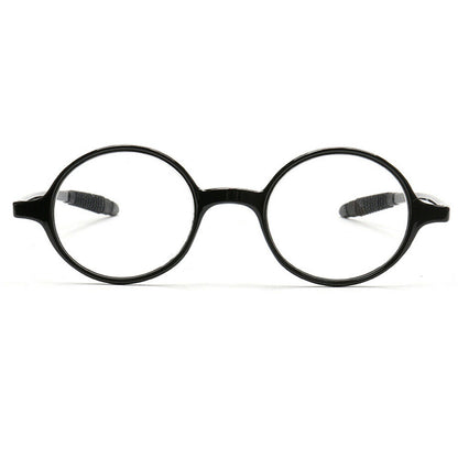 A pair of round black reading glasses
