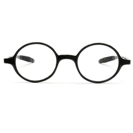 A pair of round black reading glasses