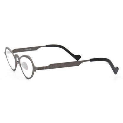 Side view of grey butterfly shaped titanium eyeglasses