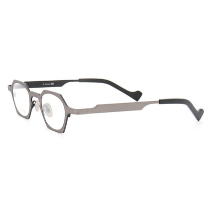 Side view of grey and black octagon shaped eyeglasses