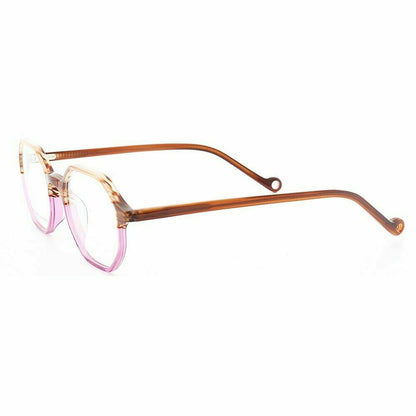 Side view of brown and pink polygon shaped eyeglasses