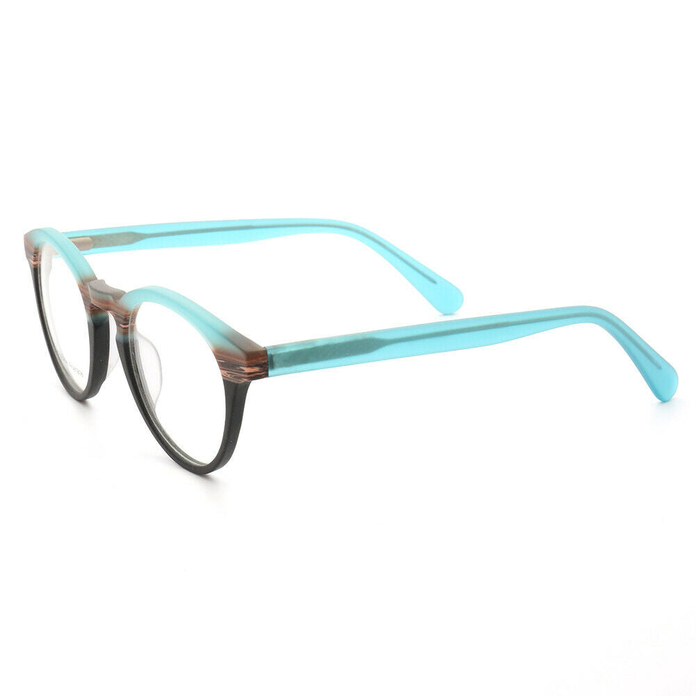 Side view of blue and brown acetate eyeglasses