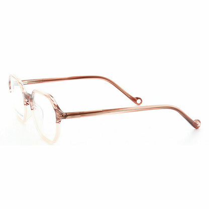 Side view of light brown polygon shaped eyeglasses