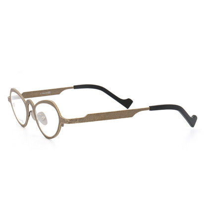 Side view of gold butterfly shaped titanium eyeglasses