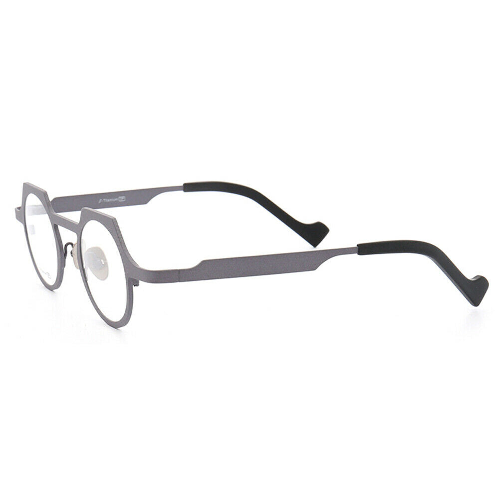 Side view of grey shield shaped titanium eyeglasses